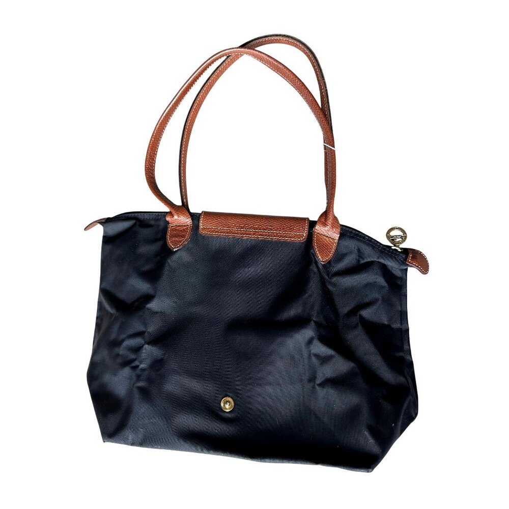 Longchamp Le Pliage Shopping MODÈLE DÉPOSÉ Black w/ Brown Leather Trim Tote Bag - Picture 2 of 11